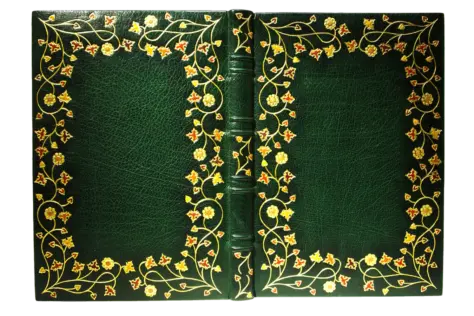 Grüner Ganzledereinband mit Handvergoldung und Lederauflagen in Form von einer Efeupflanze.