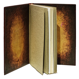 Blick auf den Buchblock eines geöffneten und stehenden Buchs. Die Spiegel im Vorder- und Hinterdeckel sind dunkel mit einem goldenen Zentrum.