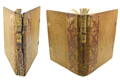 Links: Halbleder Holzdeckelband mit gebrochenen Gelenken, rechts: der selbe Band restauriert